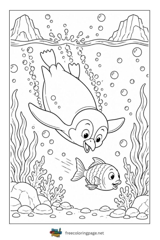 penguin diving underwater coloring page- sea animals