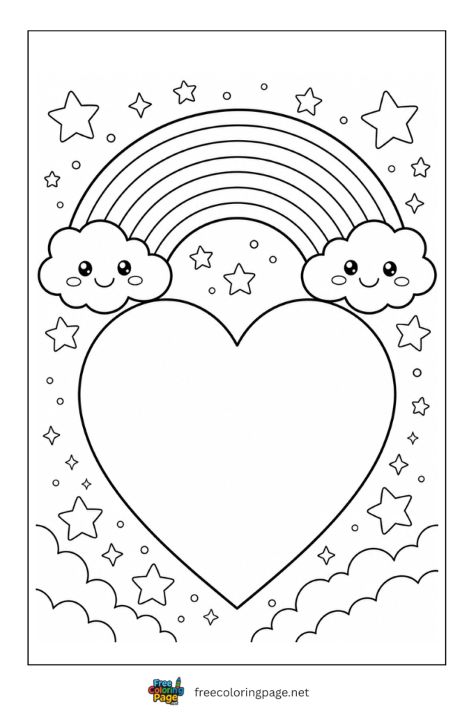 coloring page of heart with rainbow
