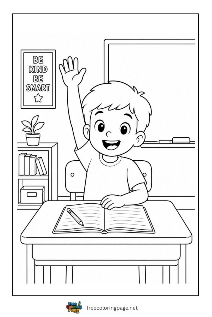 kid raising hand in classroom coloring page