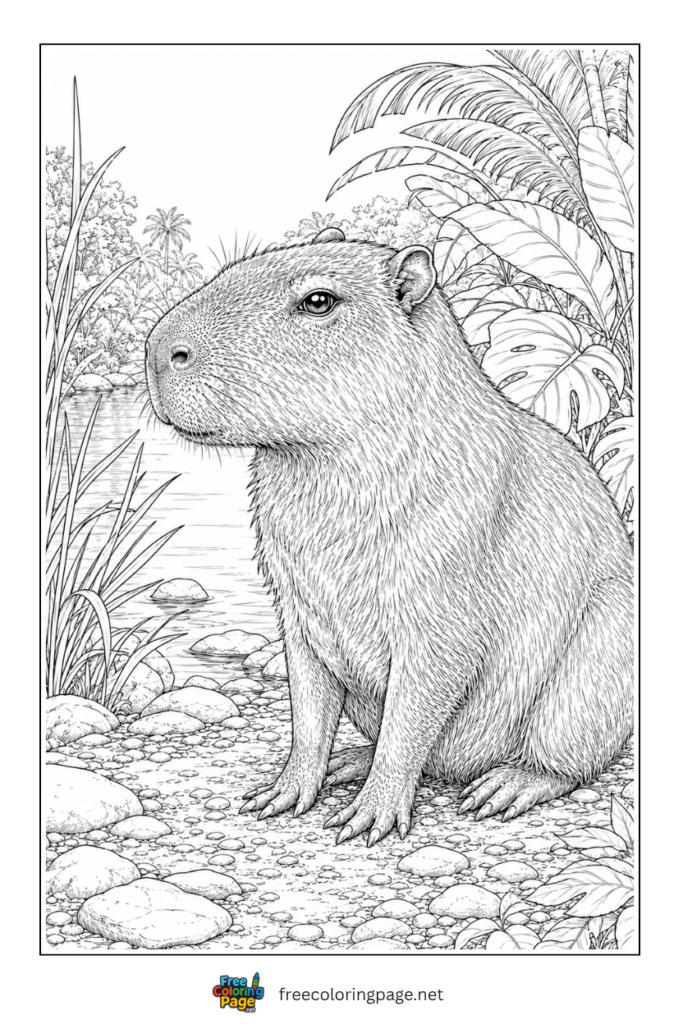 super realistic capybara  coloring page for adults