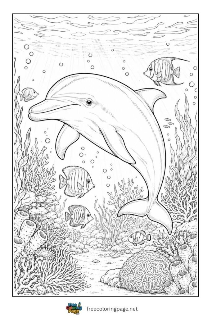 realistic bottlenose coloring page- ocean life
