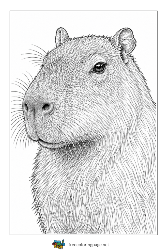 realistic capybara  face closeup coloring page for adults