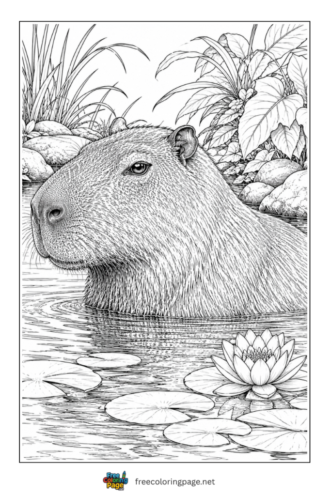 realistic capybara in water coloring page