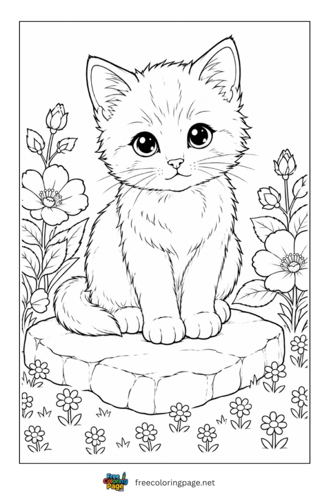 coloring page of real kitten sitting on rock