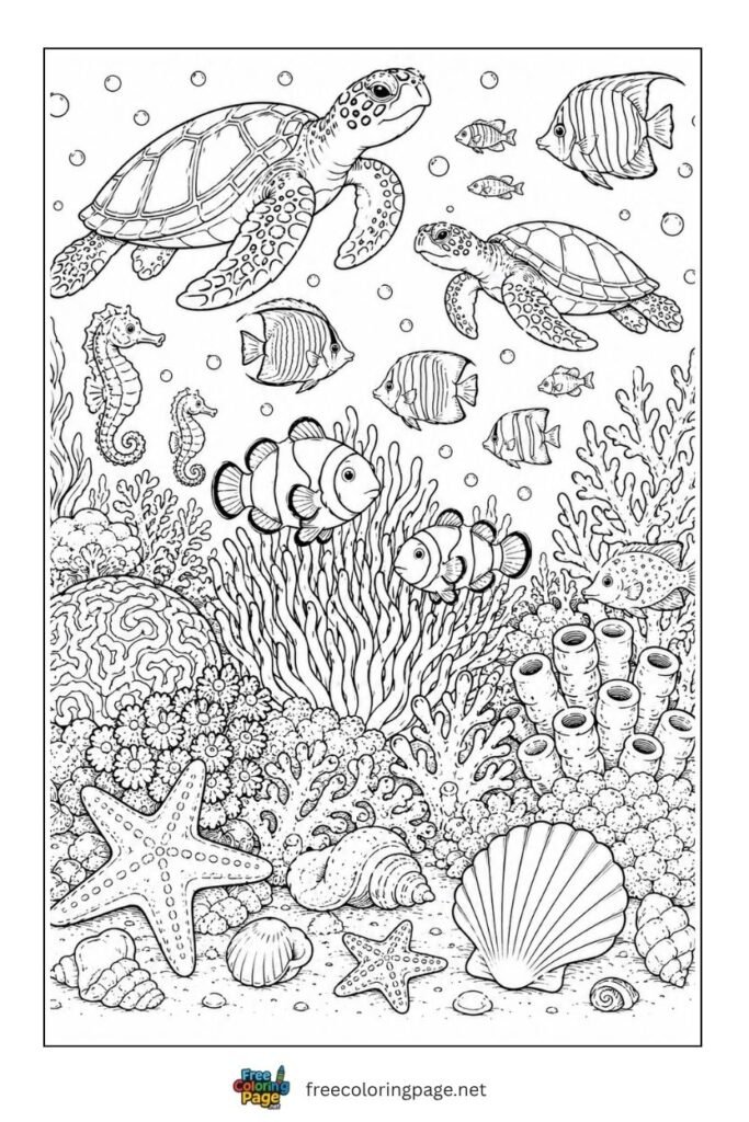 realistic sea turtle in ocean coloring page- for adults 