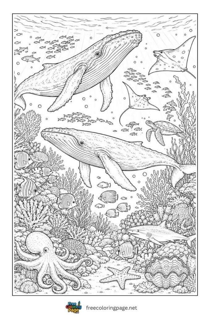realistic underwater marine ecosystem coloring page- for adults 