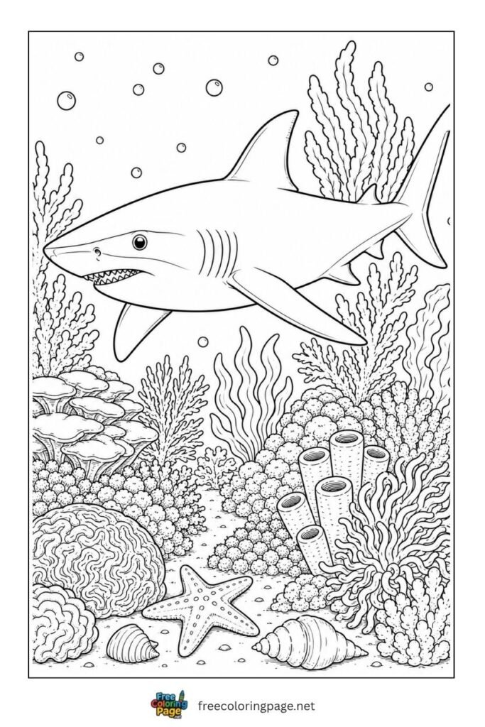 realistic underwater shark coloring page- for adults 