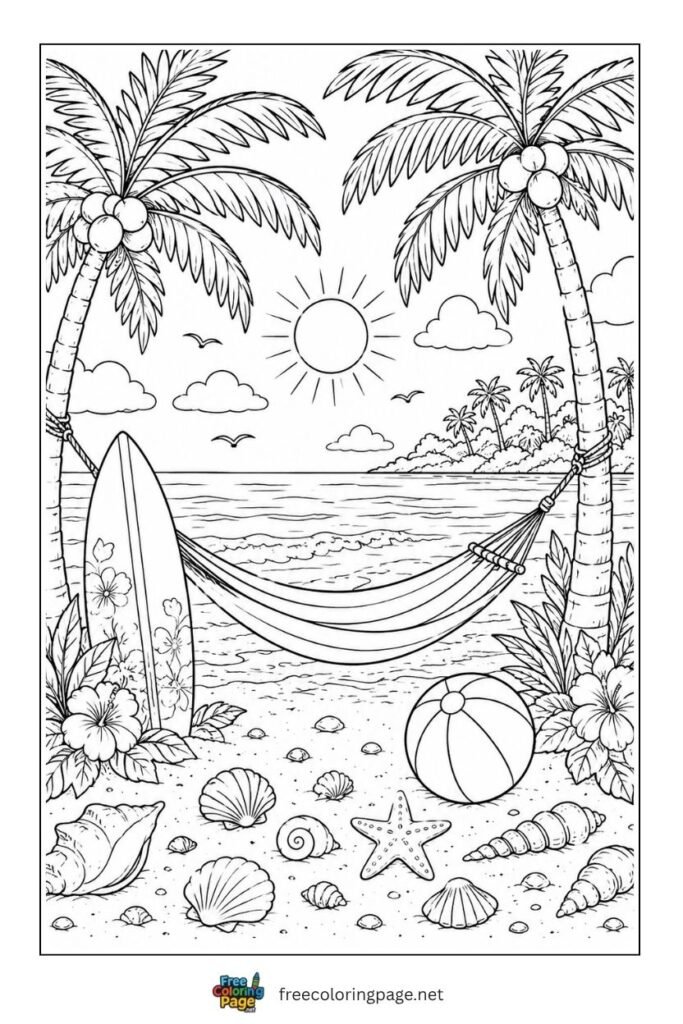relaxing tropical beach coloring page