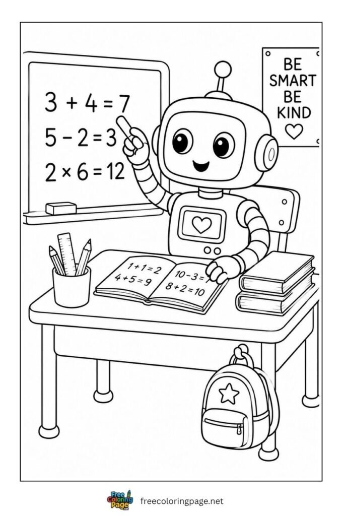 robot math desk coloring page