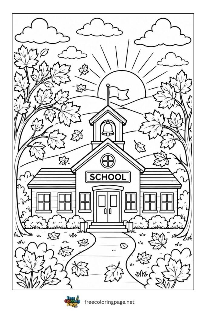 school building autumn sunset coloring page