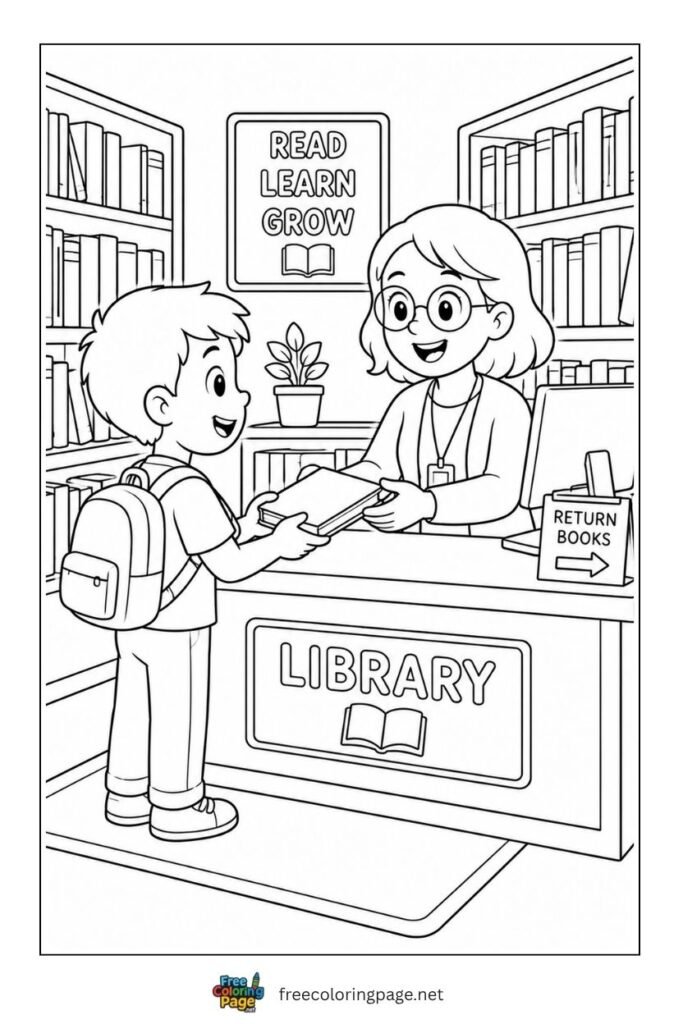 school library coloring page- back to school