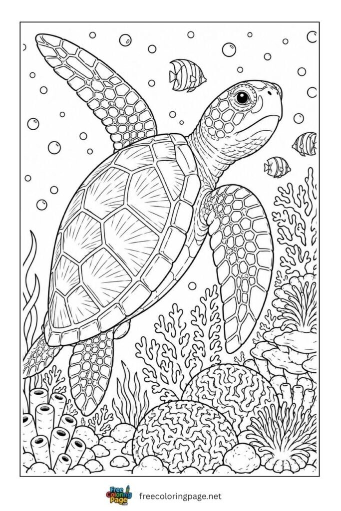 sea turtle detailed shell coloring page- for adults 