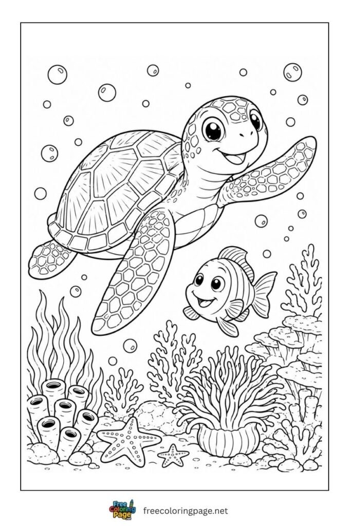 sea turtle and fish friend coloring page- sea animals