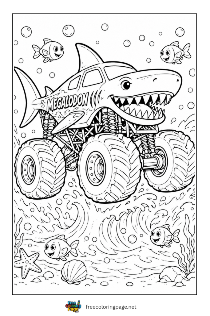 coloring page of shark monster truck in an arena