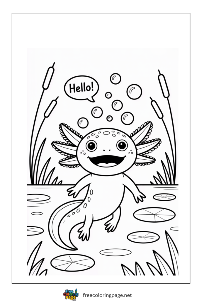 smiling axolotl coloring page for kids
