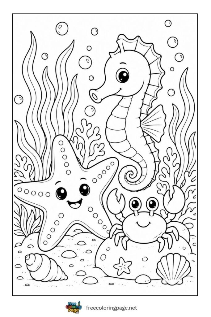 starfish seahorse crab coloring page- ocean animals