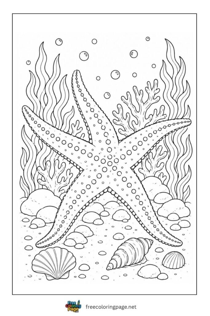 starfish at sea flor coloring page- sea animals