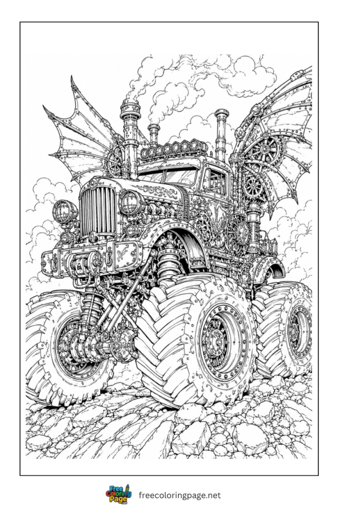 coloring page of steampunk monster truck