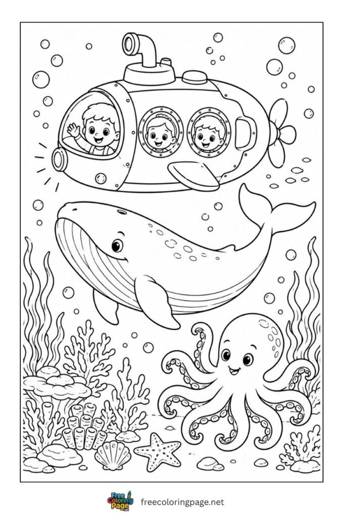 submarine deep sea coloring page- ocean life