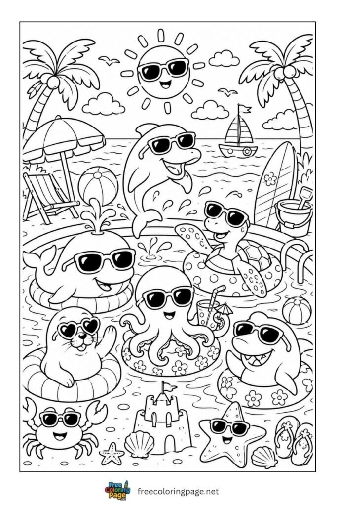 summer pool party coloring page- celebration fun