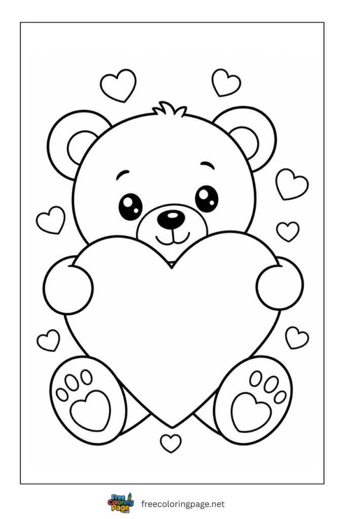 coloring page of teddy bear holding big heart