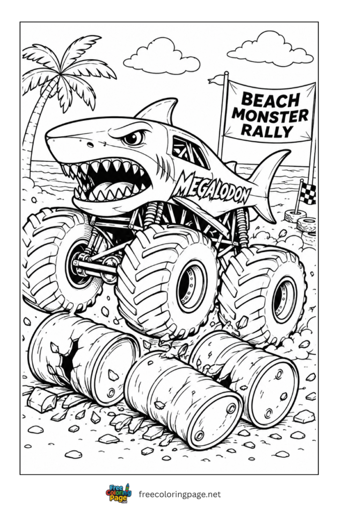 coloring page of crushing shark monster truck