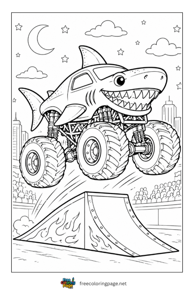 coloring page of monster truck shark great jump on ramp
