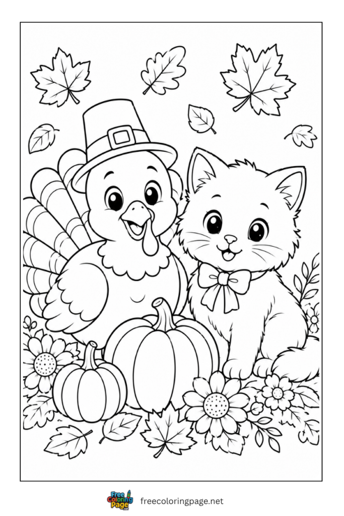 turkey and cat in harvest field coloring page
