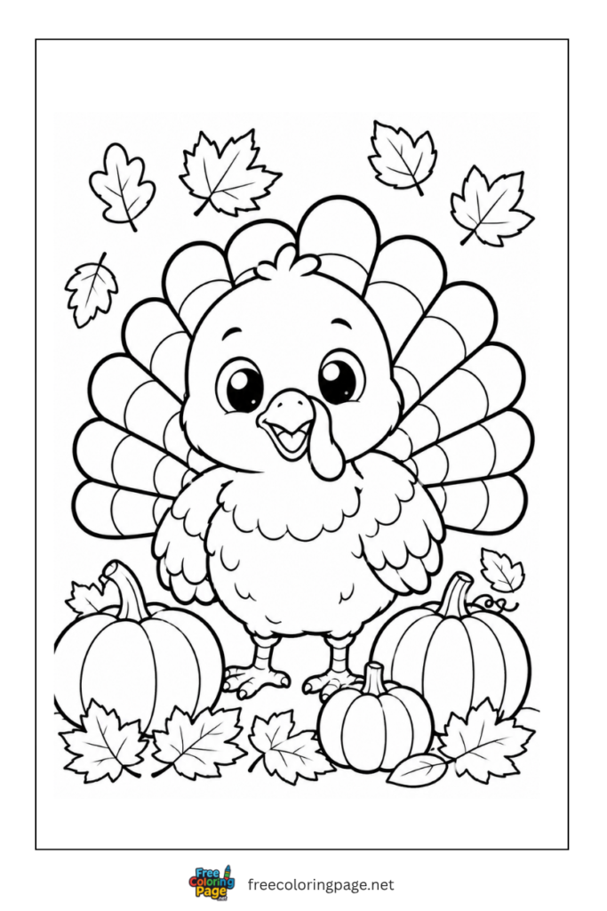 baby turkey coloring page with pumpkins