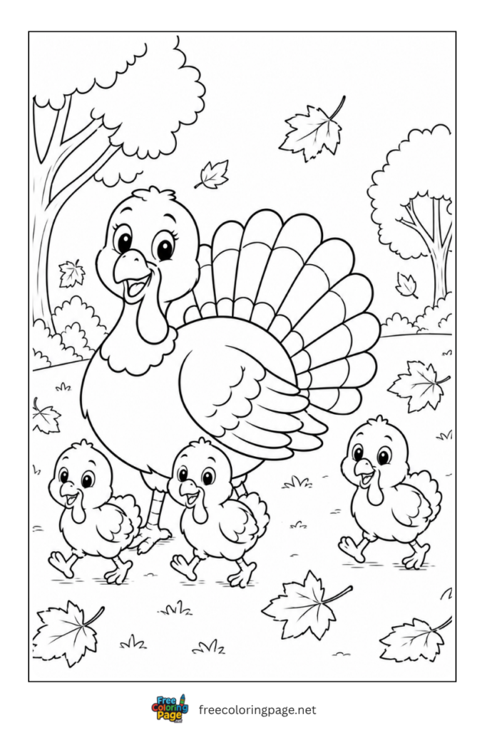 baby turkey family coloring page with in autumn leaves