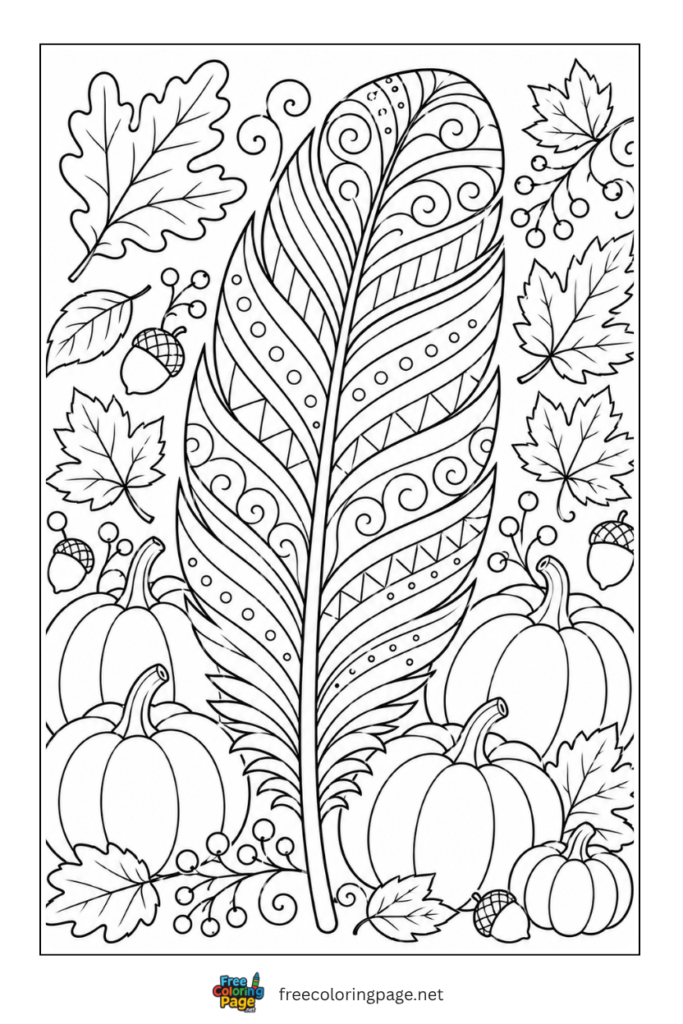 mandala turkey feather surrounded by pumkins and leaves