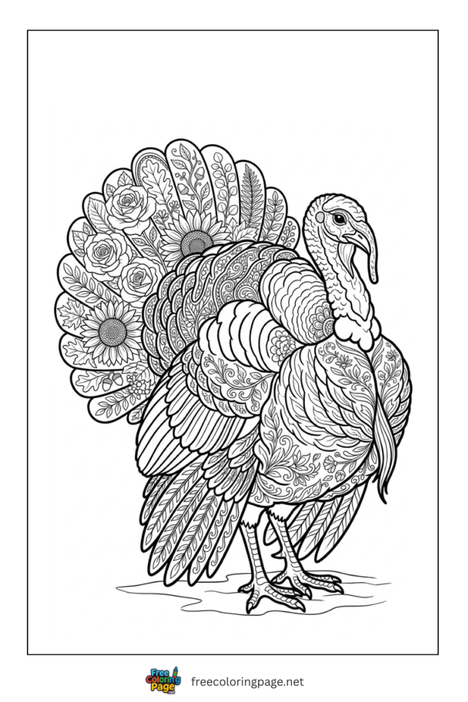 realistic turkey flower mandala coloring page- for adults