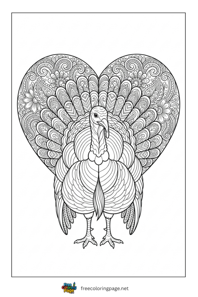 realistic turkey heart shape tail coloring page- for adults