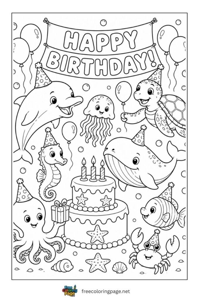 underwater birthday party coloring page