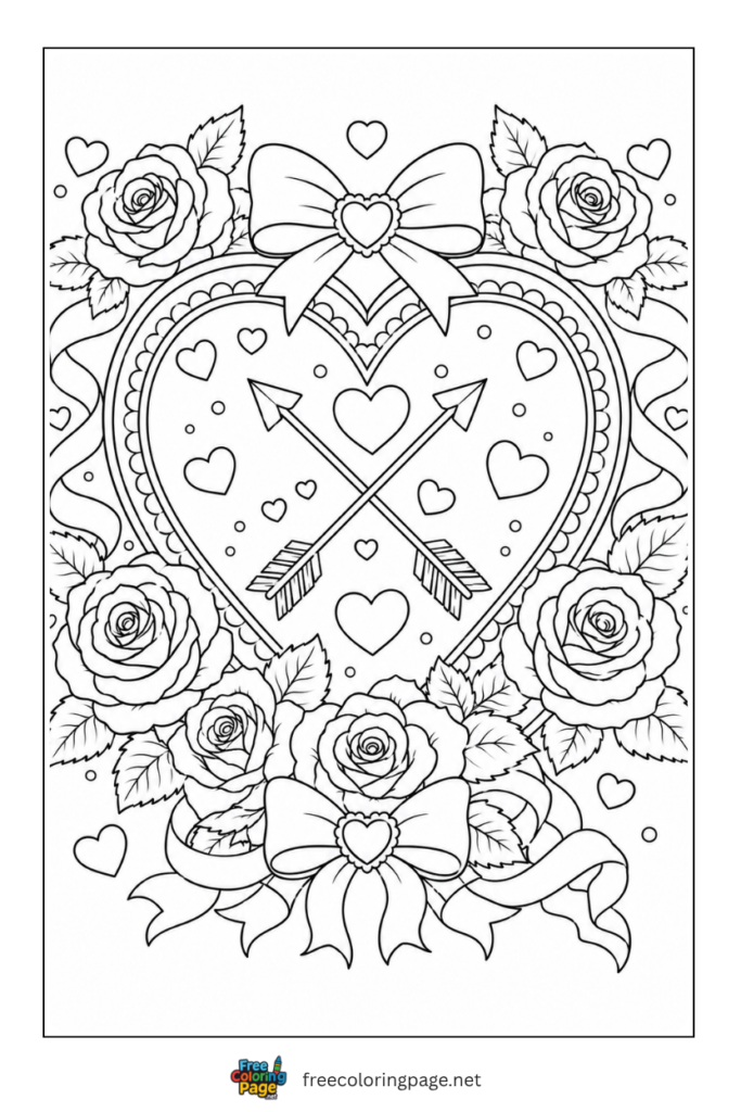 coloring page of valentine heart with flowers