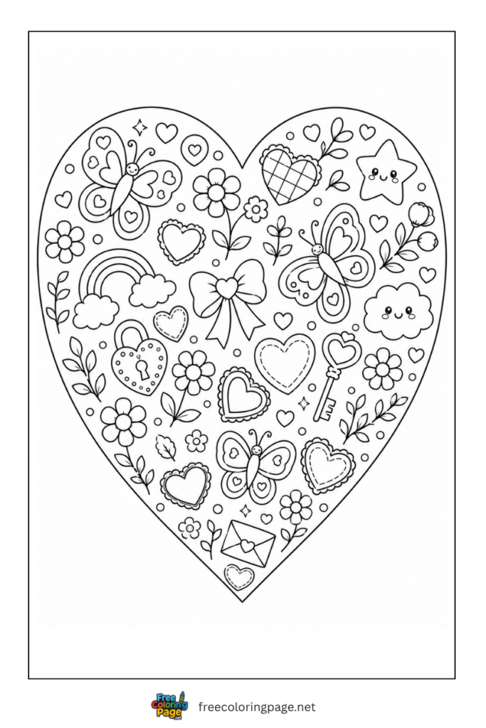 coloring page of valentine heart doodle