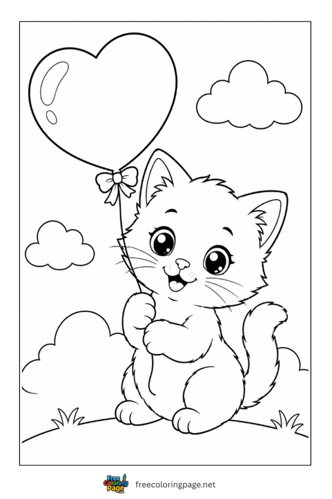 coloring page of kitten valentine day celebration