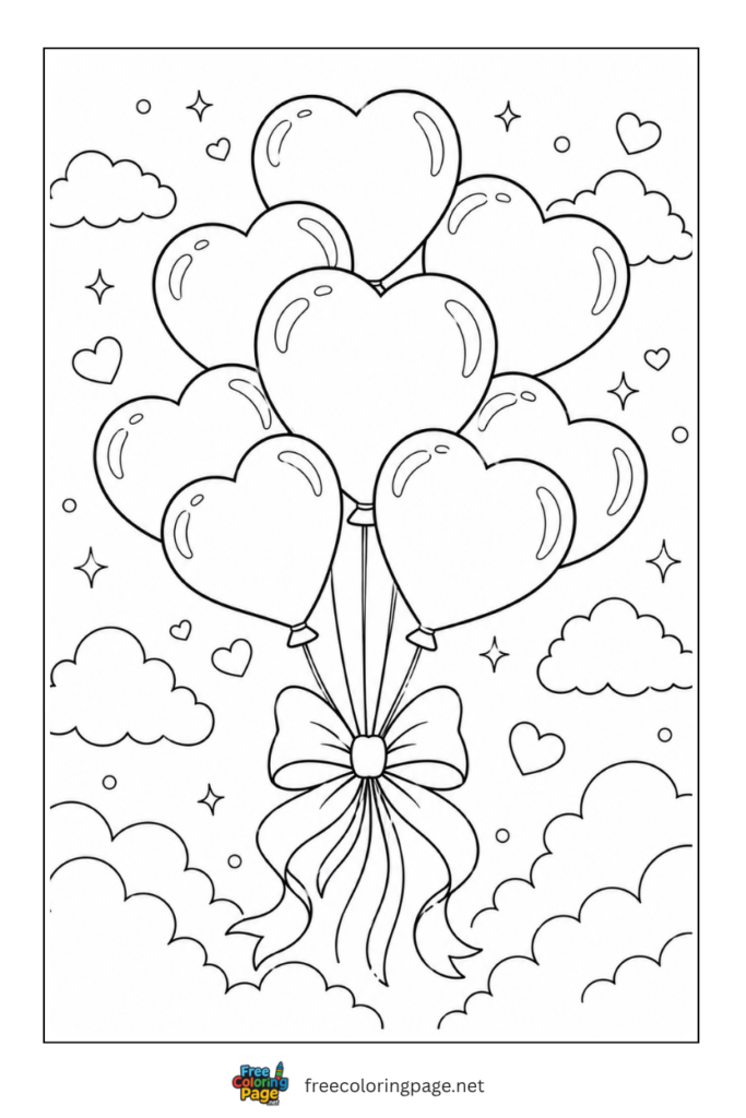 coloring page of heart balloons bouquet