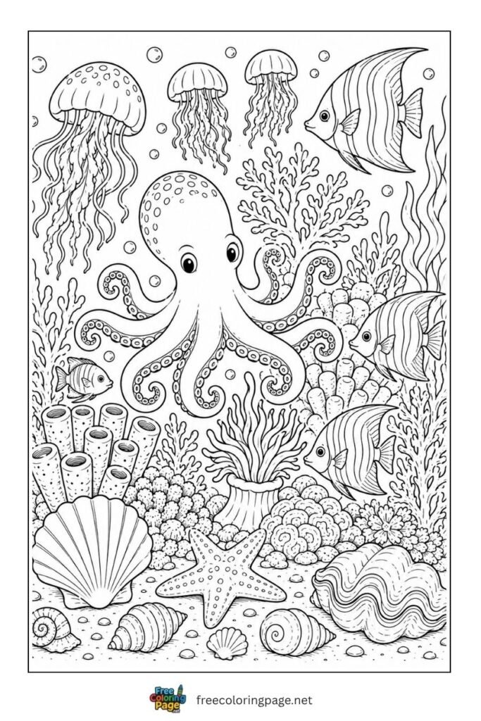 vibrant coral reef with ocean animals coloring page- ocean life