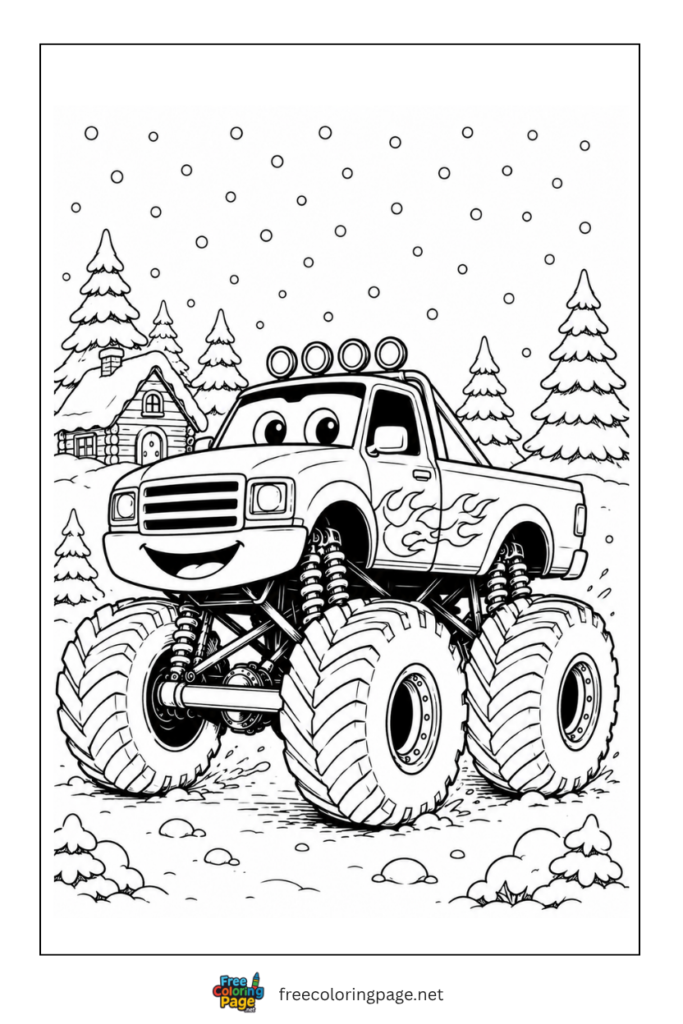 coloring page of monster truck in winter