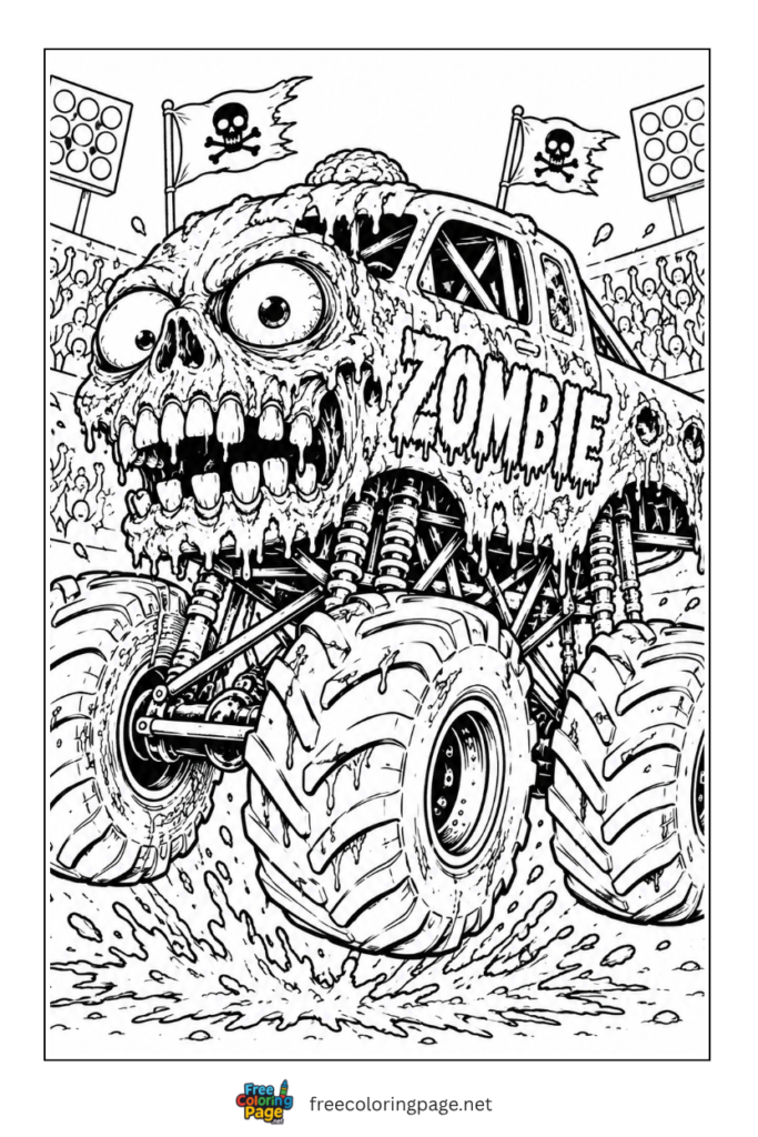 coloring page of scarry zombie monster truck