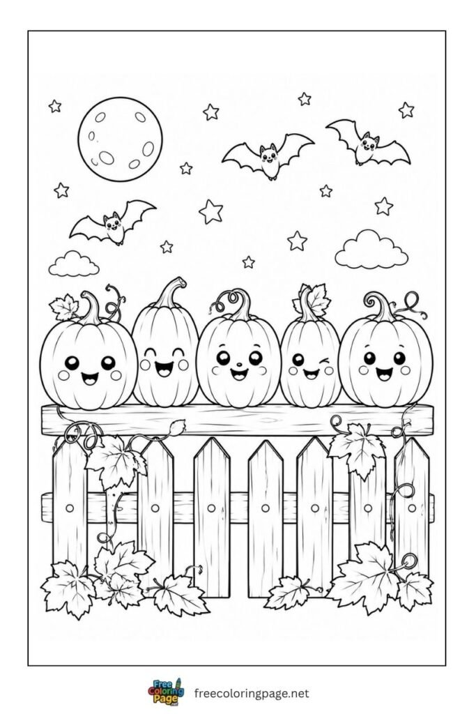 five little pumpkin sitting together coloring page