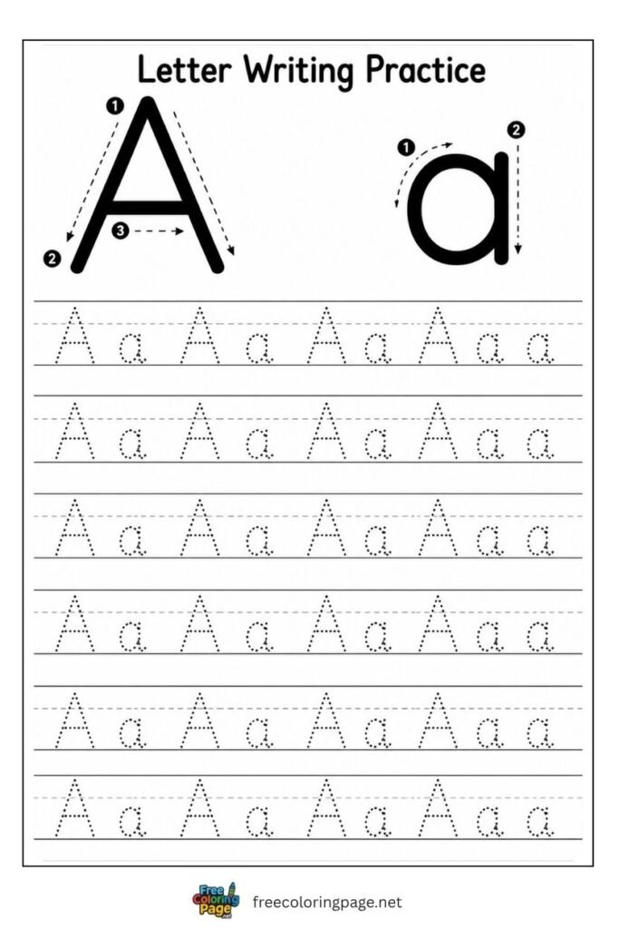 Letter tracing practice lines worksheet with alternating uppercase and lowercase dotted letters across ruled lines, free printable