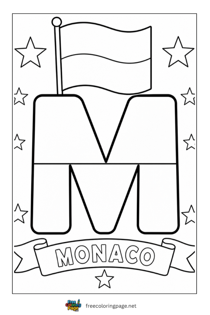 monaco flag with M letter coloring page for kids