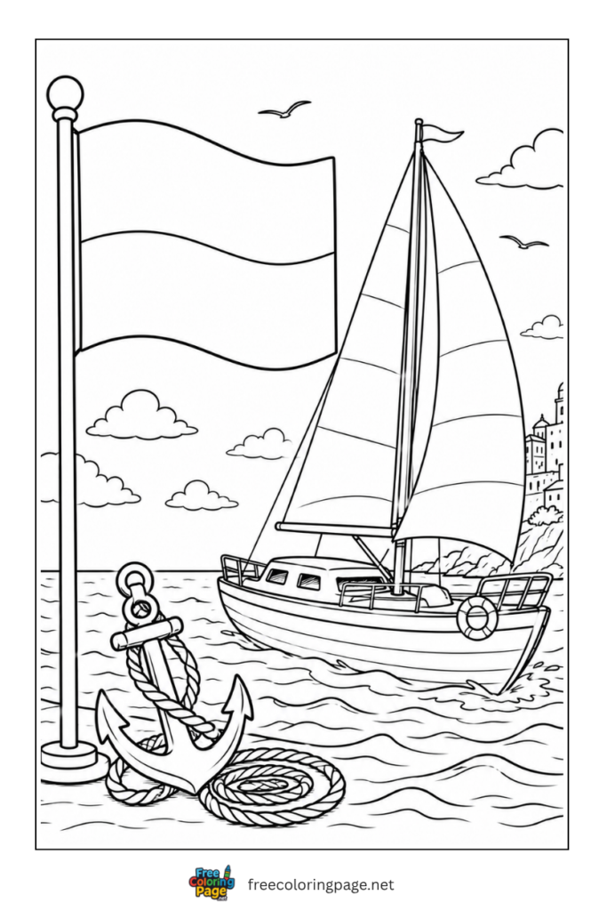 monaco flag beside sailboat waving coloring page