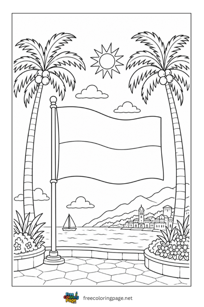 monaco flag and palm trees coloring page