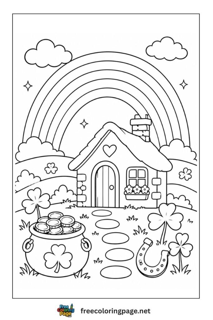 st. patrick day illustraion rainbow coloring page irish cottage and coin