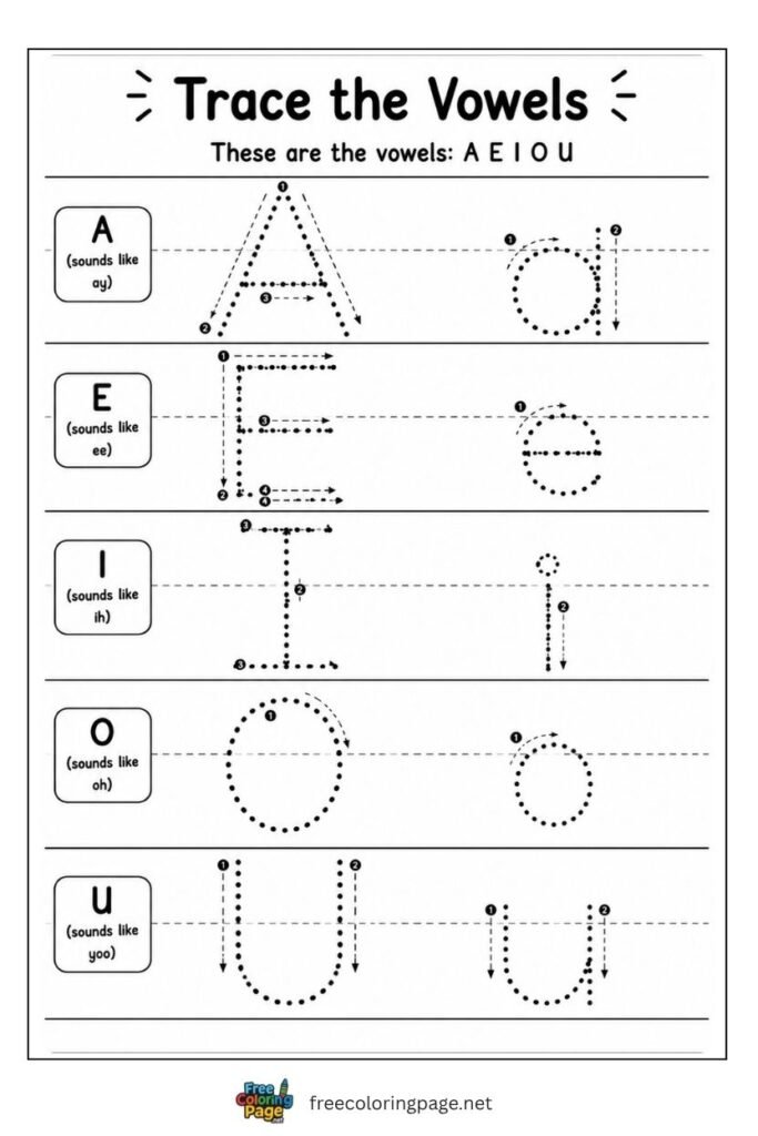 Vowel letter tracing worksheet showing A E I O U in dotted outlines uppercase and lowercase, free printable