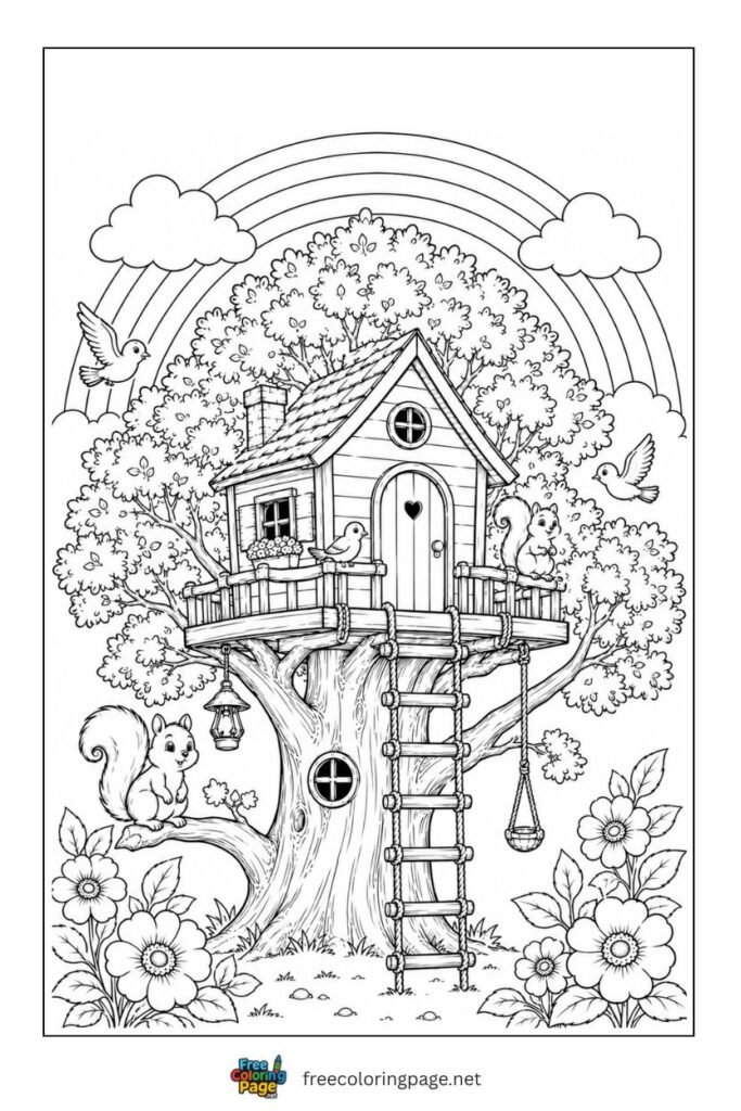 rainbow tree house coloring page