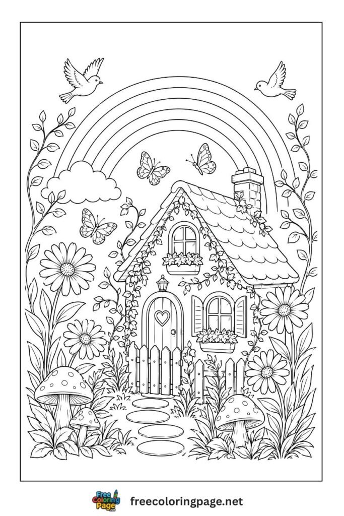 aesthetic rainbow coloring page with cottage and mushrooms